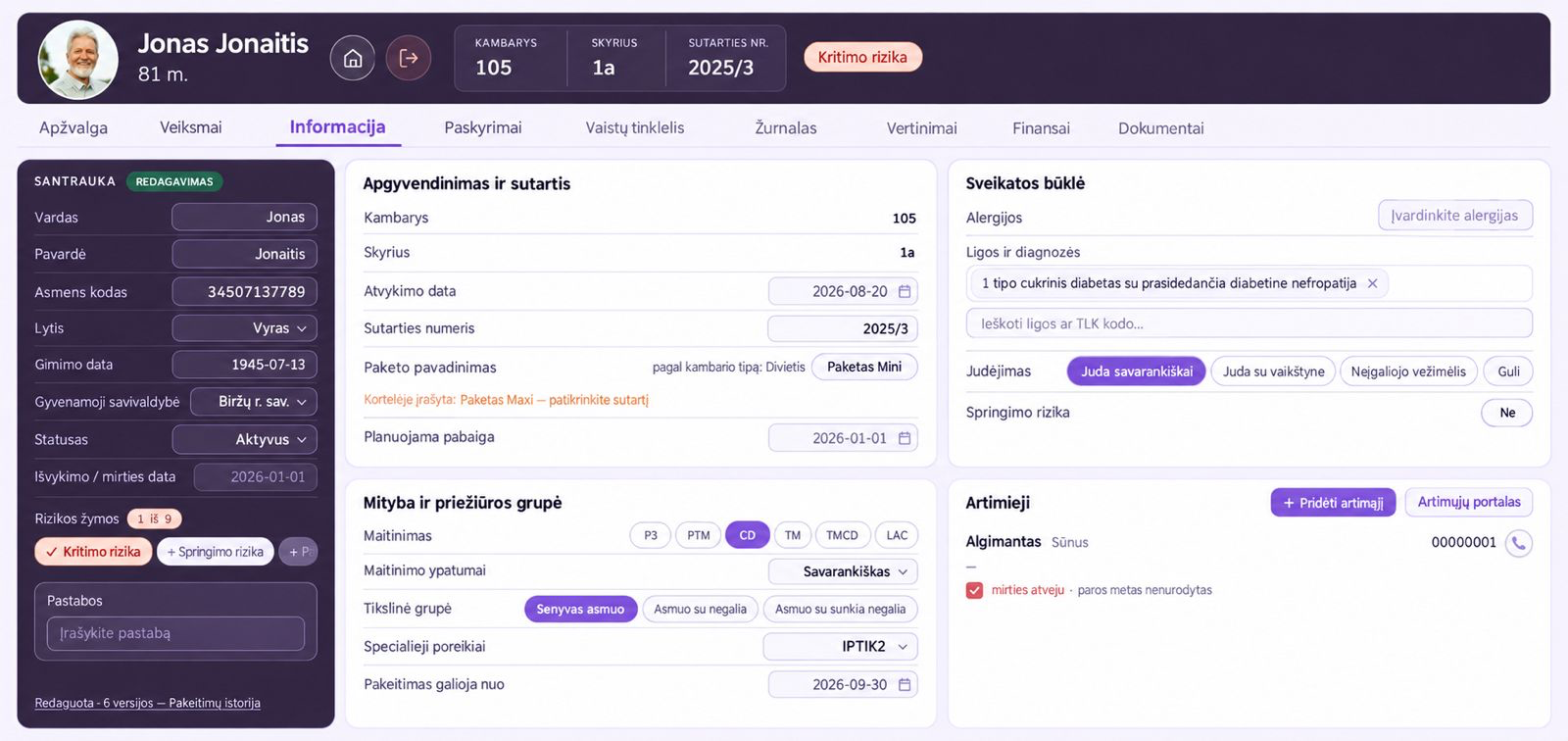 Gyventojo kortelė: informacija, apgyvendinimas, sveikatos būklė ir artimieji