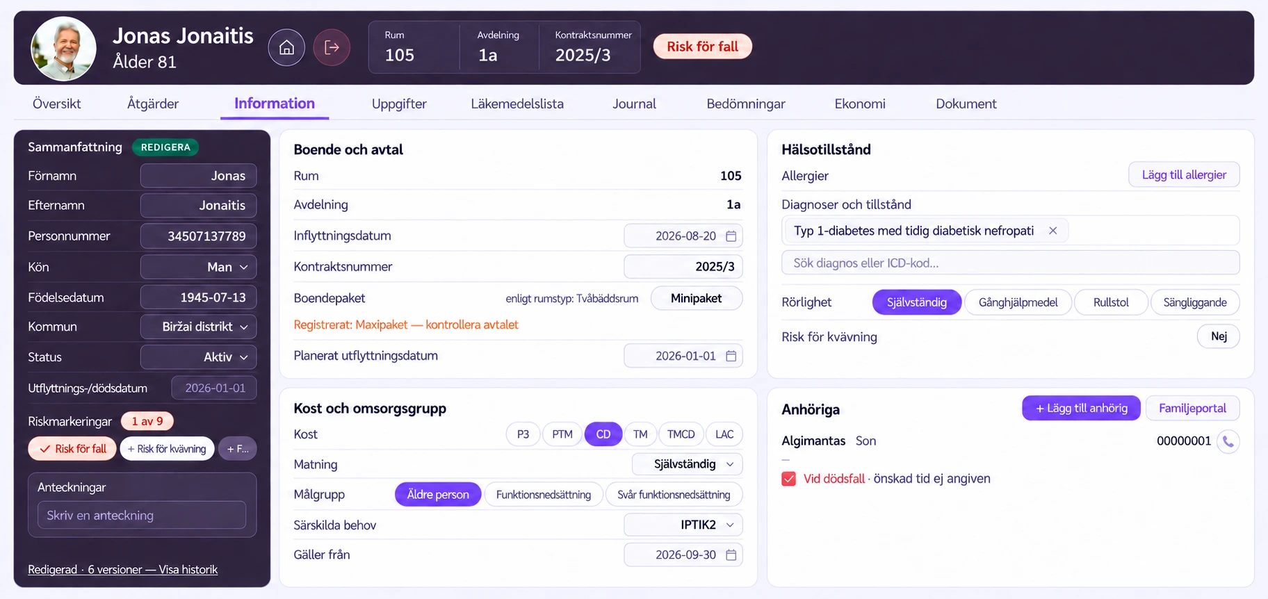 Boendeprofil: personuppgifter, boende, hälsa och anhöriga